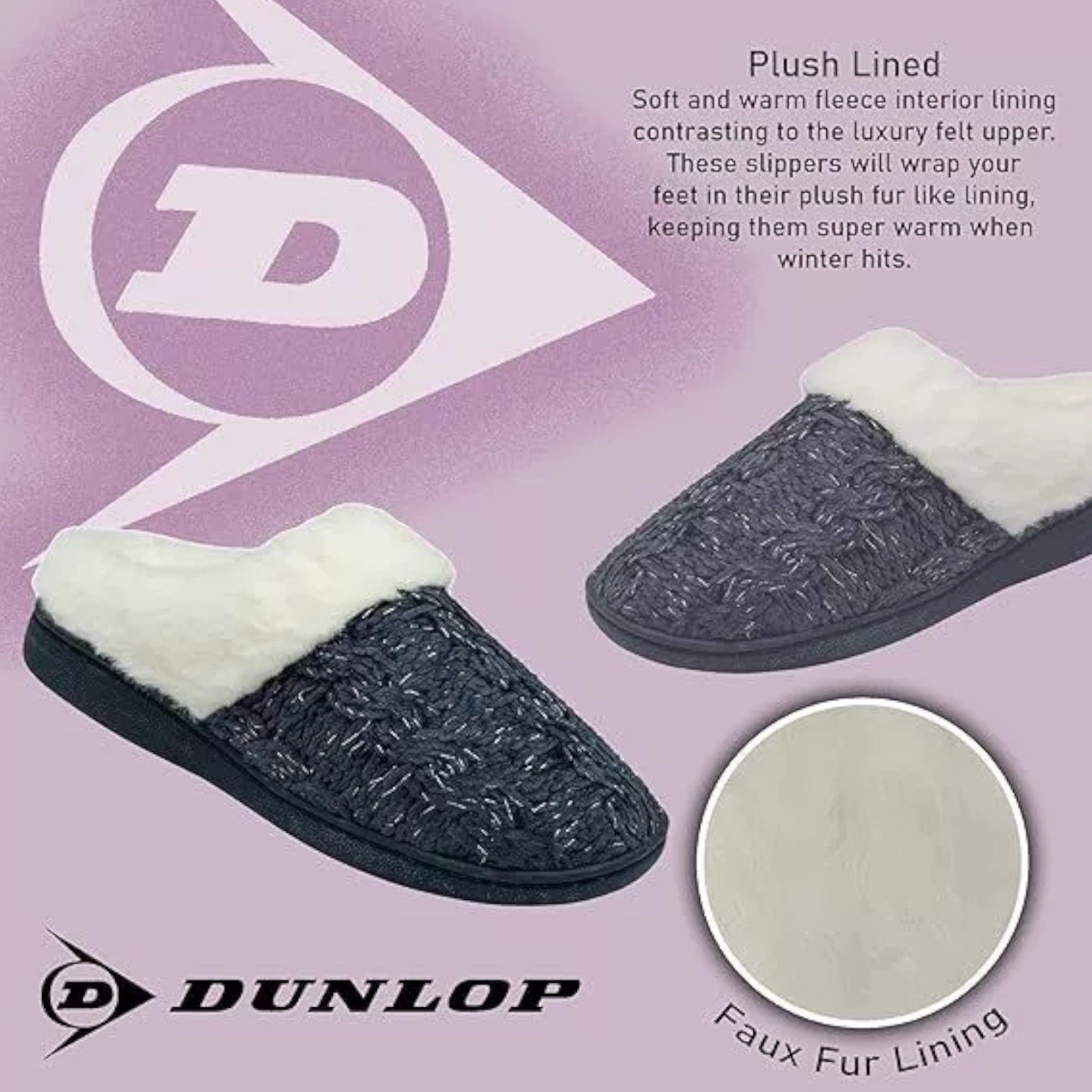 Ladies Comfortable Dunlop mule slippers for women with memory foam cushioned insole with plush lining in navy